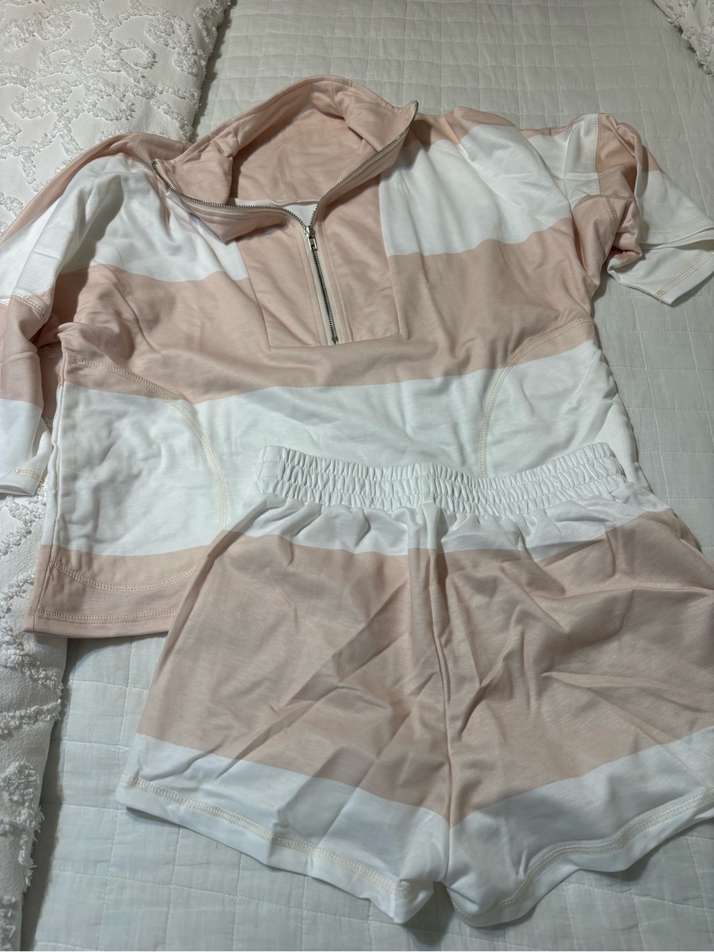 Striped two-piece lounge set in light tan and white